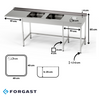Table inox avec évier à 2 cuves, emplacement pour lave-vaisselle et ouverture pour déchets 260x60x85 cm | FORGAST