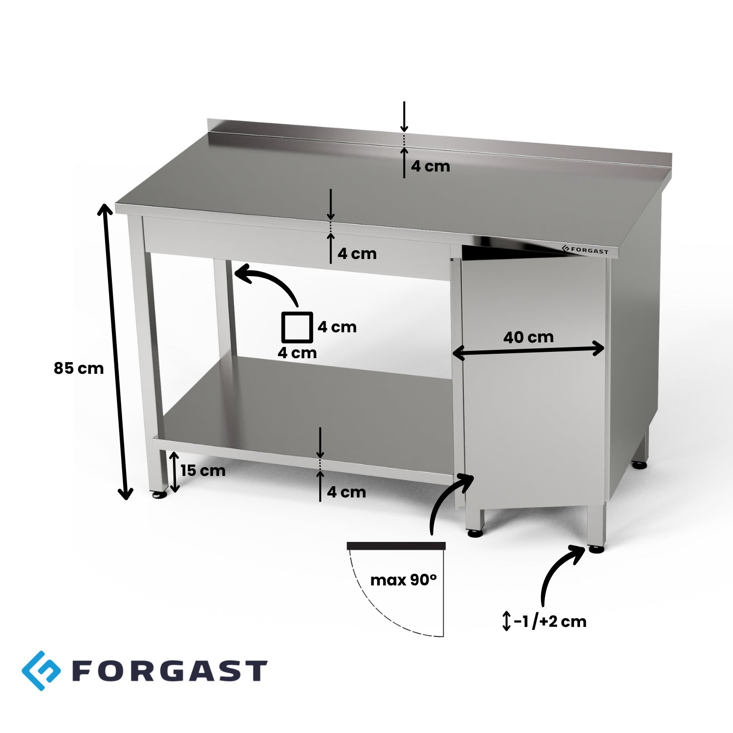 Table de travail en acier inoxydable avec armoire et étagère inférieure 190x70x85 cm | FORGAST