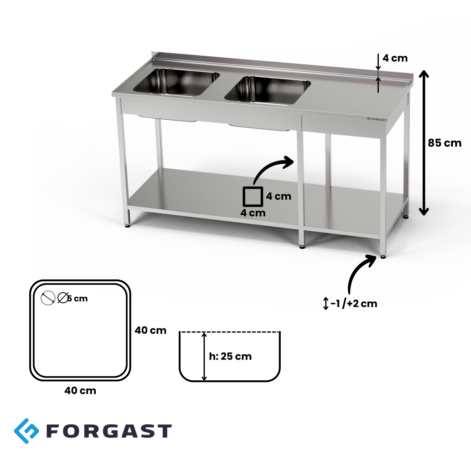 Table inox avec évier à 2 cuves 250x70x85 cm | FORGAST