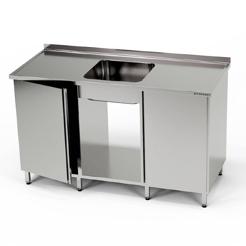 Table en acier inoxydable avec évier 1 bac, 2 placards et étagère 270x60x85 cm | FORGAST