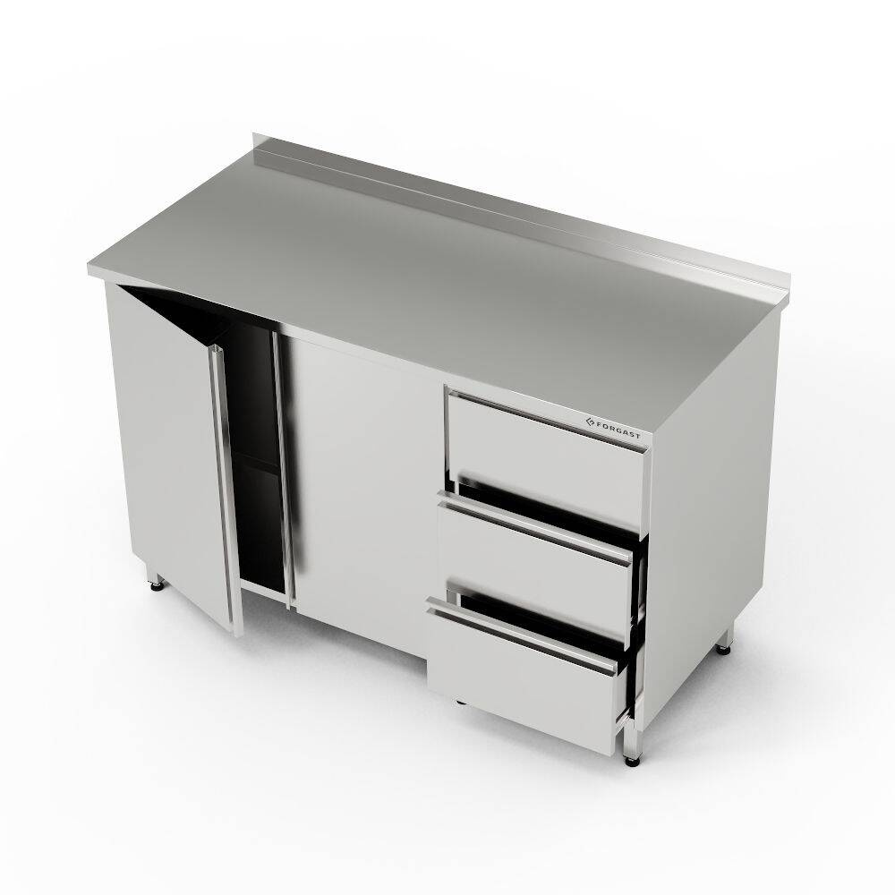 Table de travail en acier inoxydable avec placard et bloc de 3 tiroirs 140x60x85 cm | FORGAST