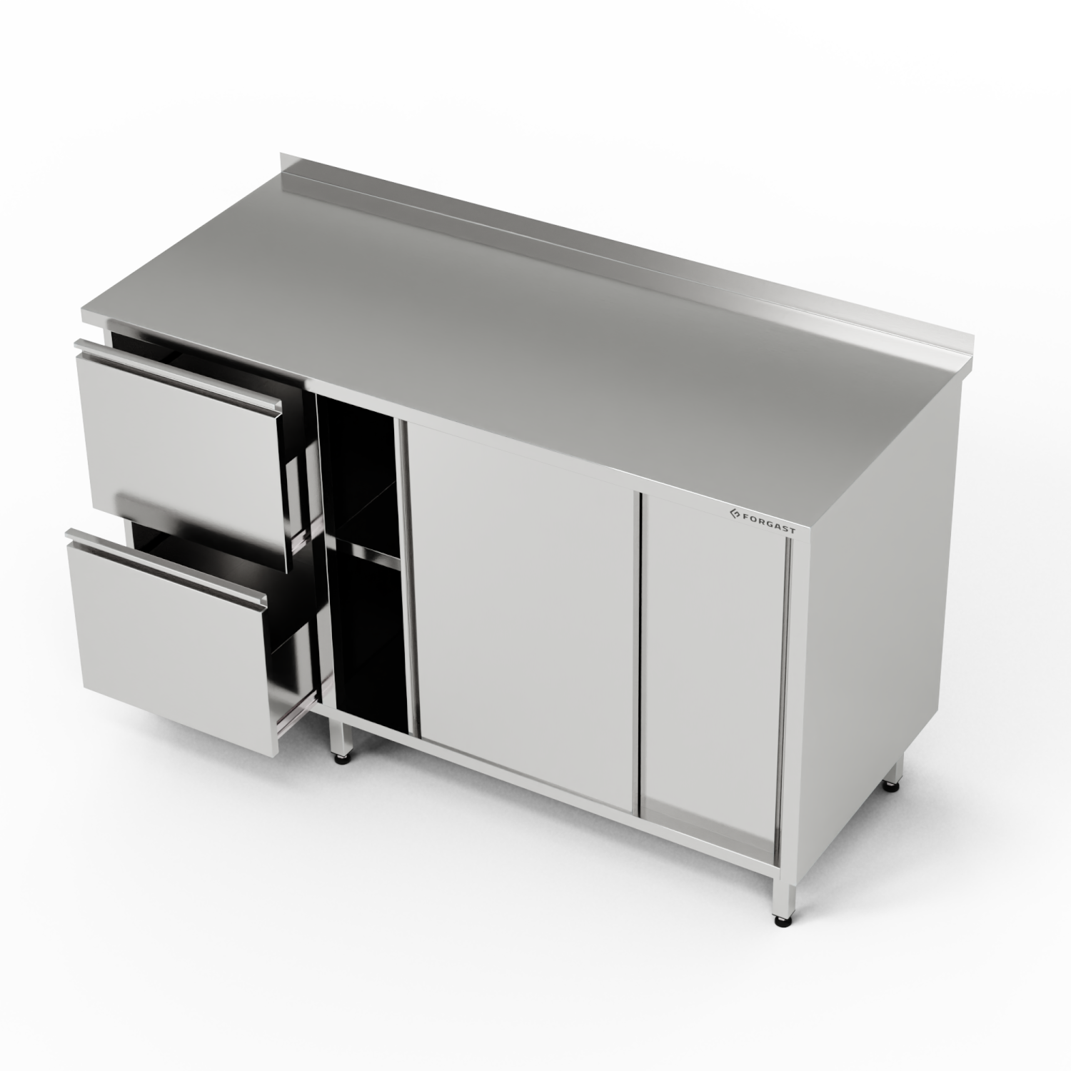Table de travail en acier inoxydable avec armoire et bloc de tiroirs 260x70x85 cm | FORGAST