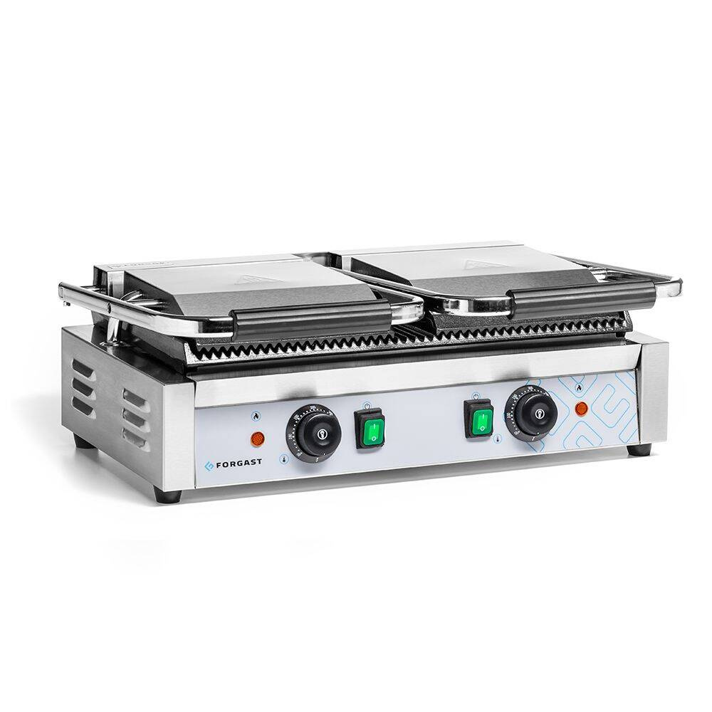 Gril de contact double, plaques rainurées, 3,6 kW | FORGAST FG09202