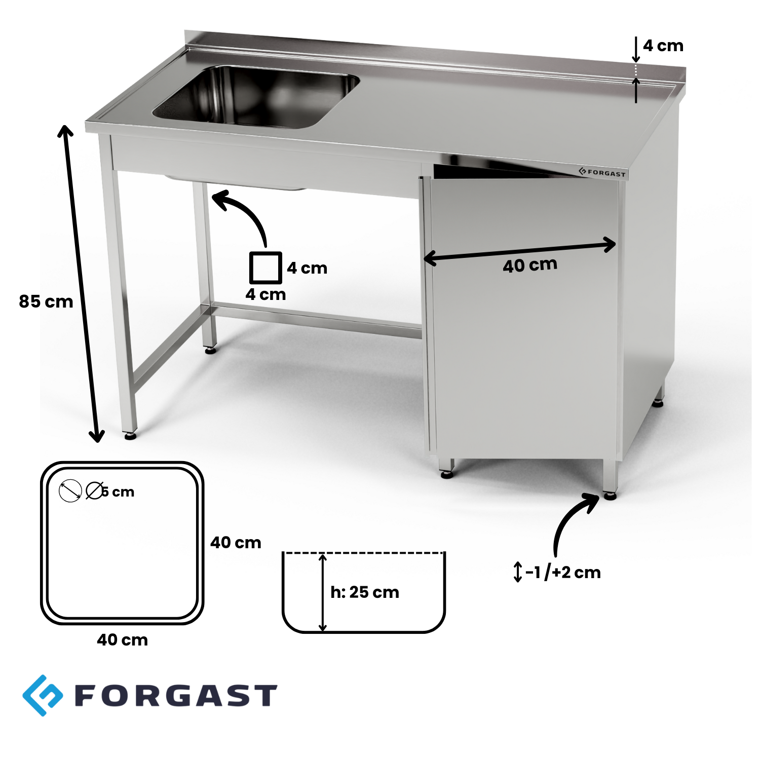 Table inox avec évier 1 bac et placard 200x60x85 cm | FORGAST