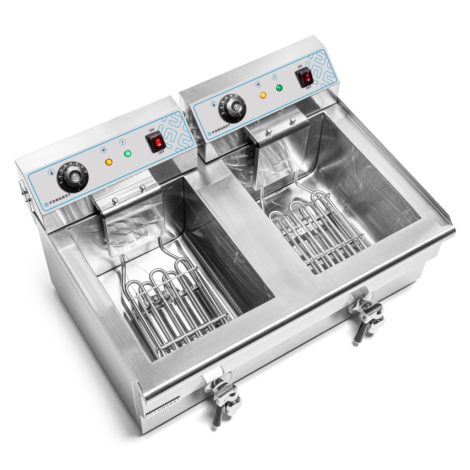 Friteuse électrique 2 cuves 2x16L avec robinet de vidange, zone froide, 10 kW, 230 V | FORGAST FG09016