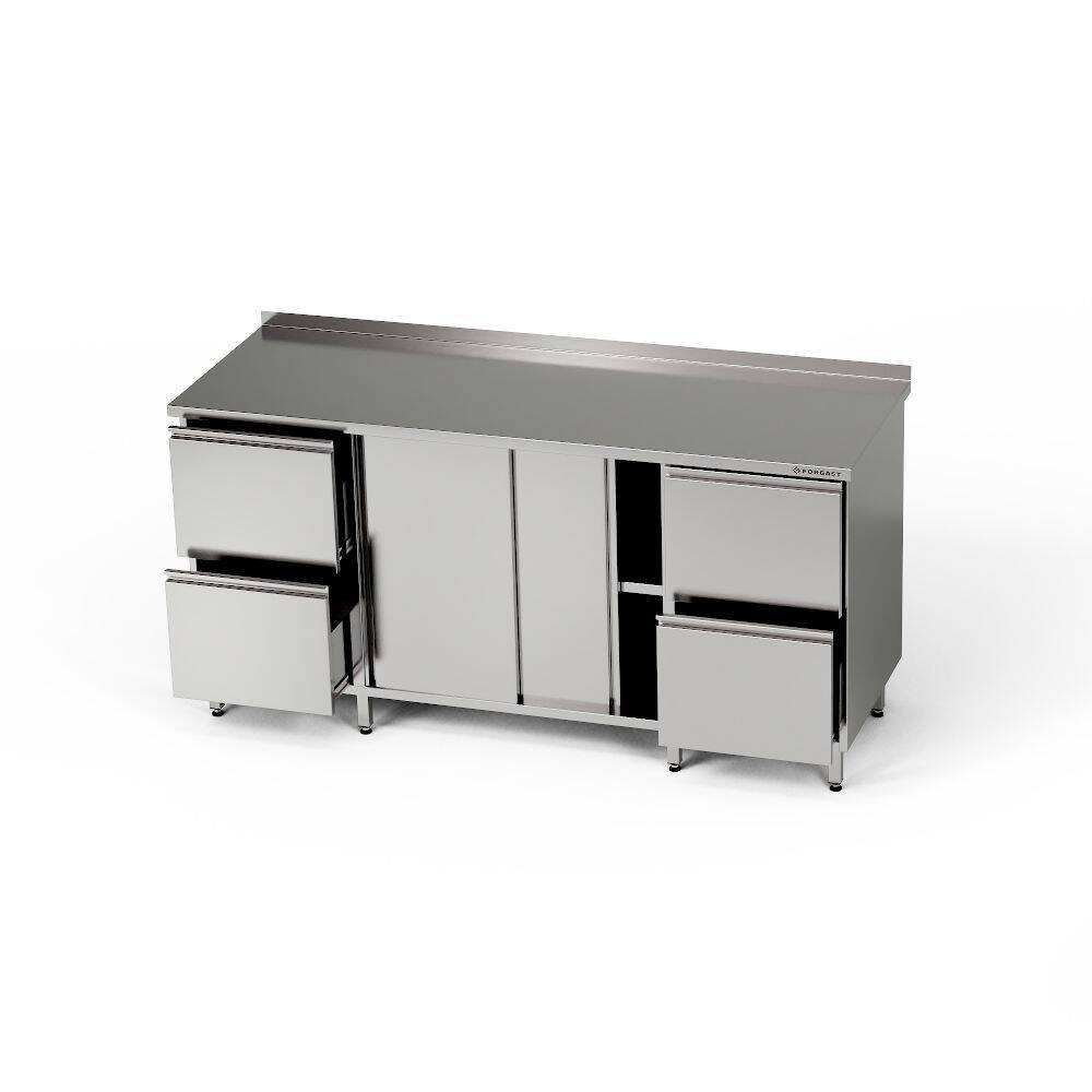 Table de travail inox avec placard et 2 blocs de 2 tiroirs 220x60x85 cm | FORGAST