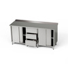 Table de travail en acier inoxydable avec 2 placards et bloc de 3 tiroirs 260x70x85 cm | FORGAST