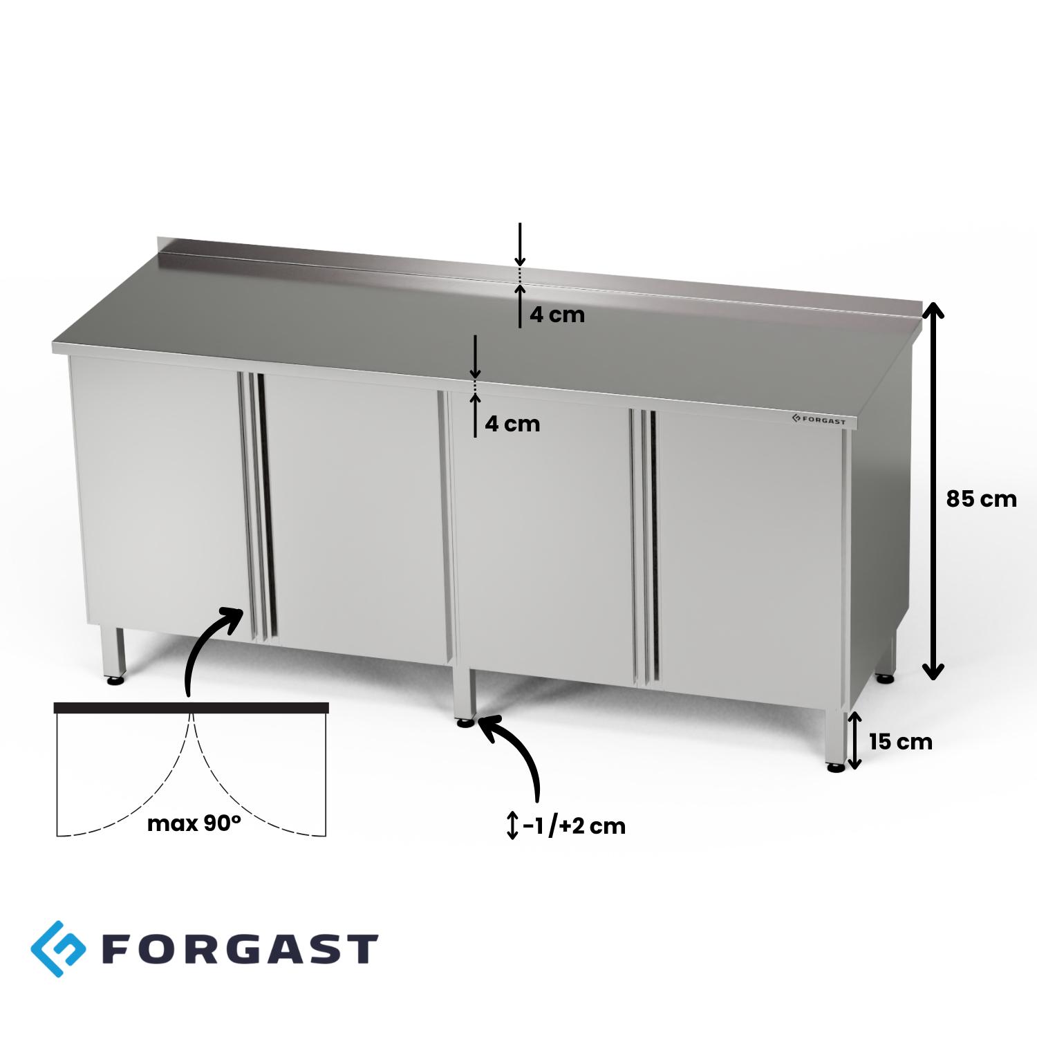 Table de travail en acier inoxydable avec 2 armoires 280x60x85 cm | FORGAST