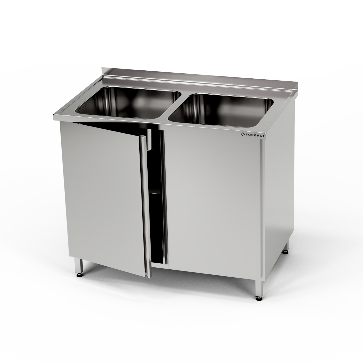 Table inox avec évier à 2 bacs et placard 120x70x85 cm | FORGAST