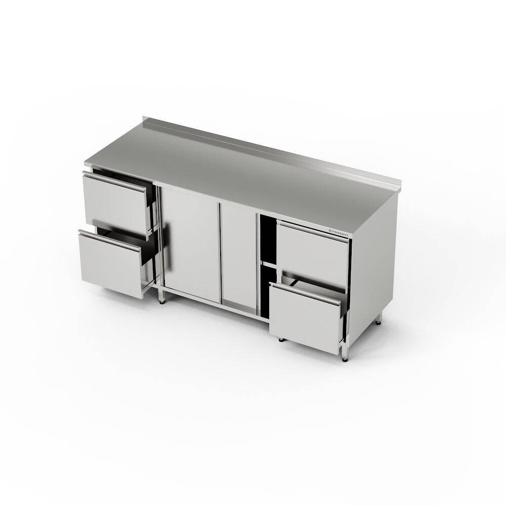Table de travail en acier inoxydable avec placard et 2 blocs de 2 tiroirs 170x70x85 cm | FORGAST