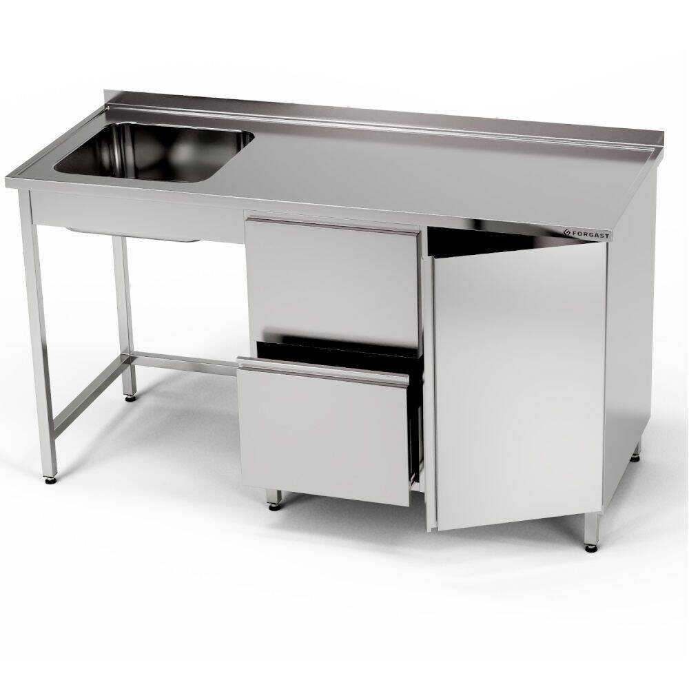 Table inox avec évier 1 bac, placard et bloc de tiroirs 250x70x85 cm | FORGAST