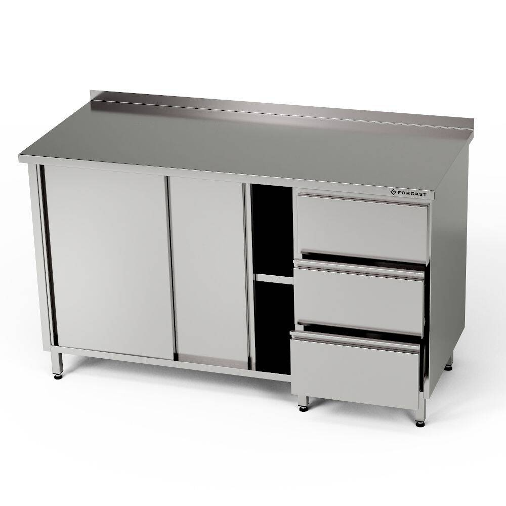 Table de travail en acier inoxydable avec placard et bloc de 3 tiroirs 270x70x85 cm | FORGAST