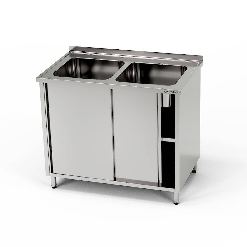 Table en acier inoxydable avec évier à 2 cuves et placard 160x60x85 cm | FORGAST