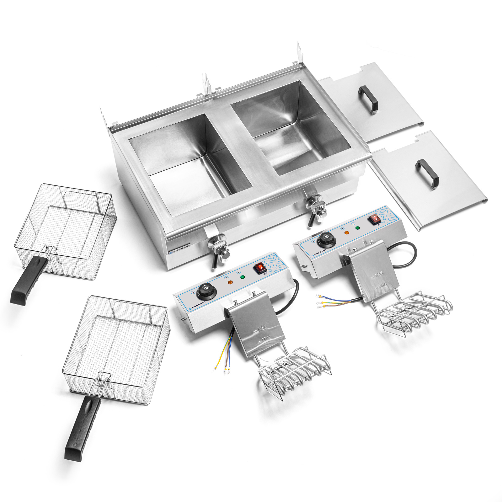 Friteuse électrique 2 cuves 2x16L avec robinet de vidange, zone froide, 10 kW, 230 V | FORGAST FG09016