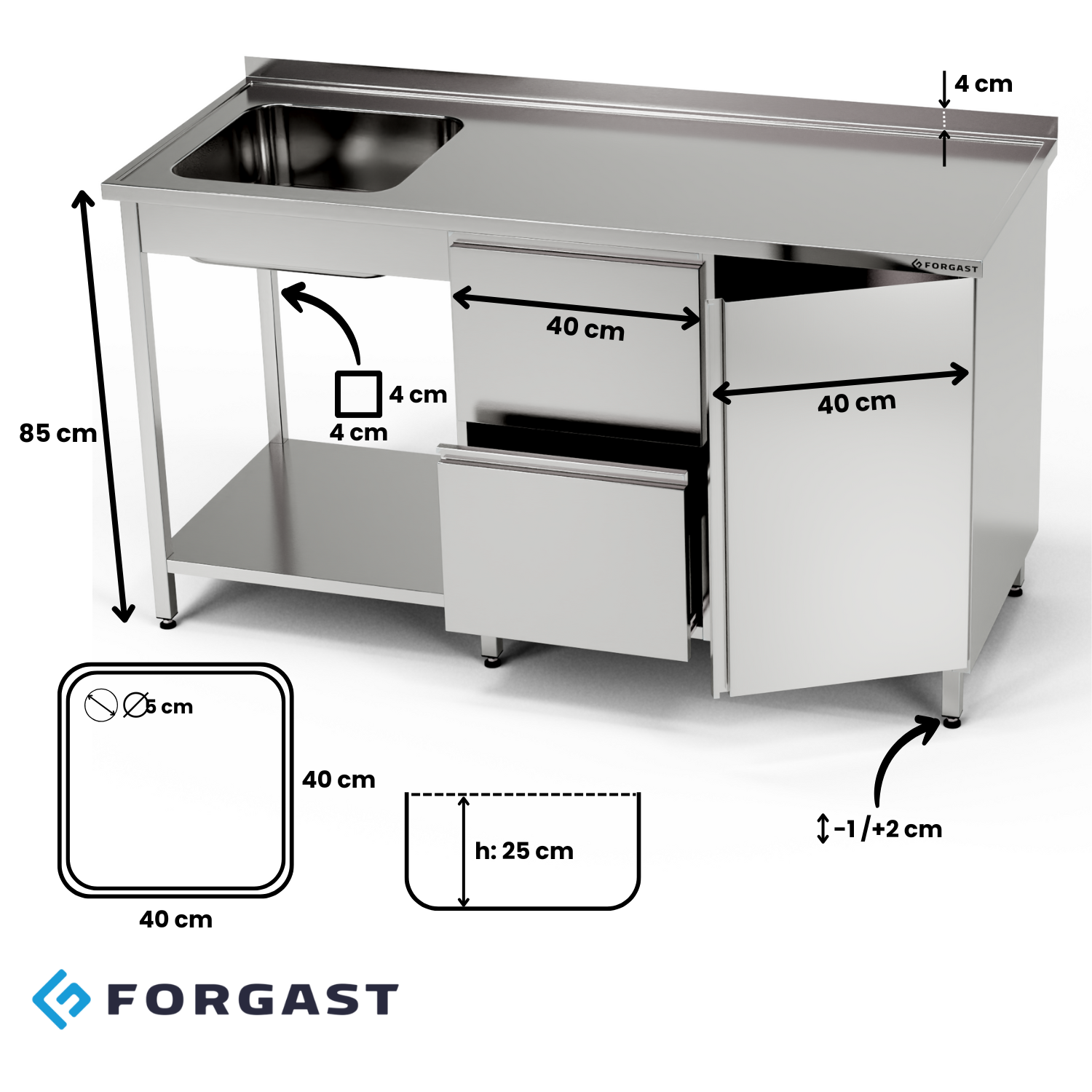 Table en acier inoxydable avec évier 1 bac, placard, bloc de tiroirs et étagère 160x60x85 cm | FORGAST