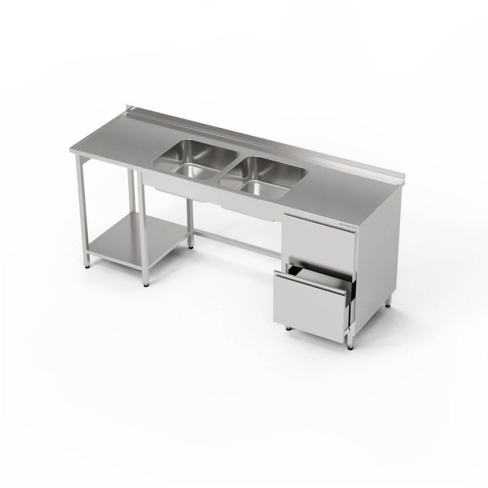 Table en acier inoxydable avec évier à 2 cuves et bloc de 2 tiroirs 260x60x85 cm | FORGAST