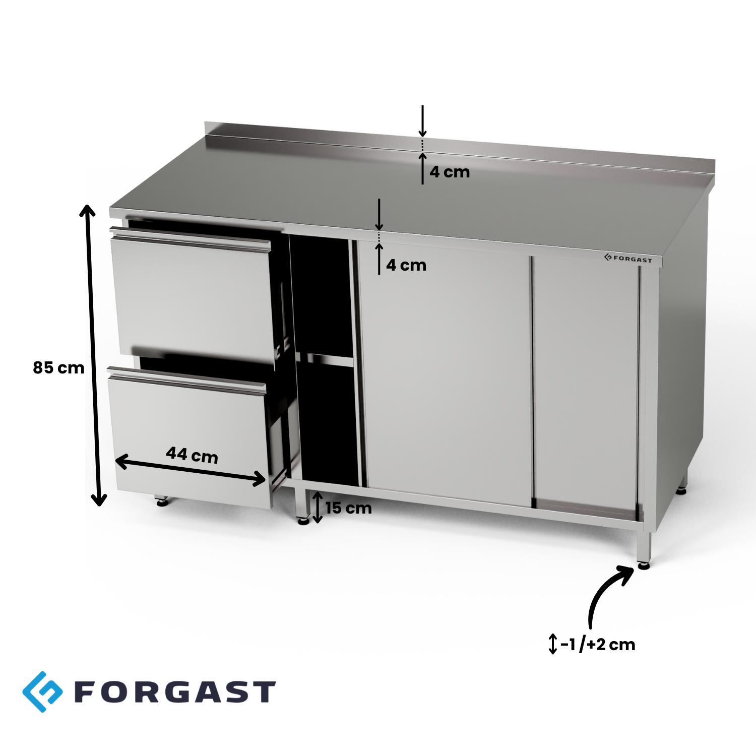 Table de travail en acier inoxydable avec armoire et bloc de tiroirs 160x70x85 cm | FORGAST