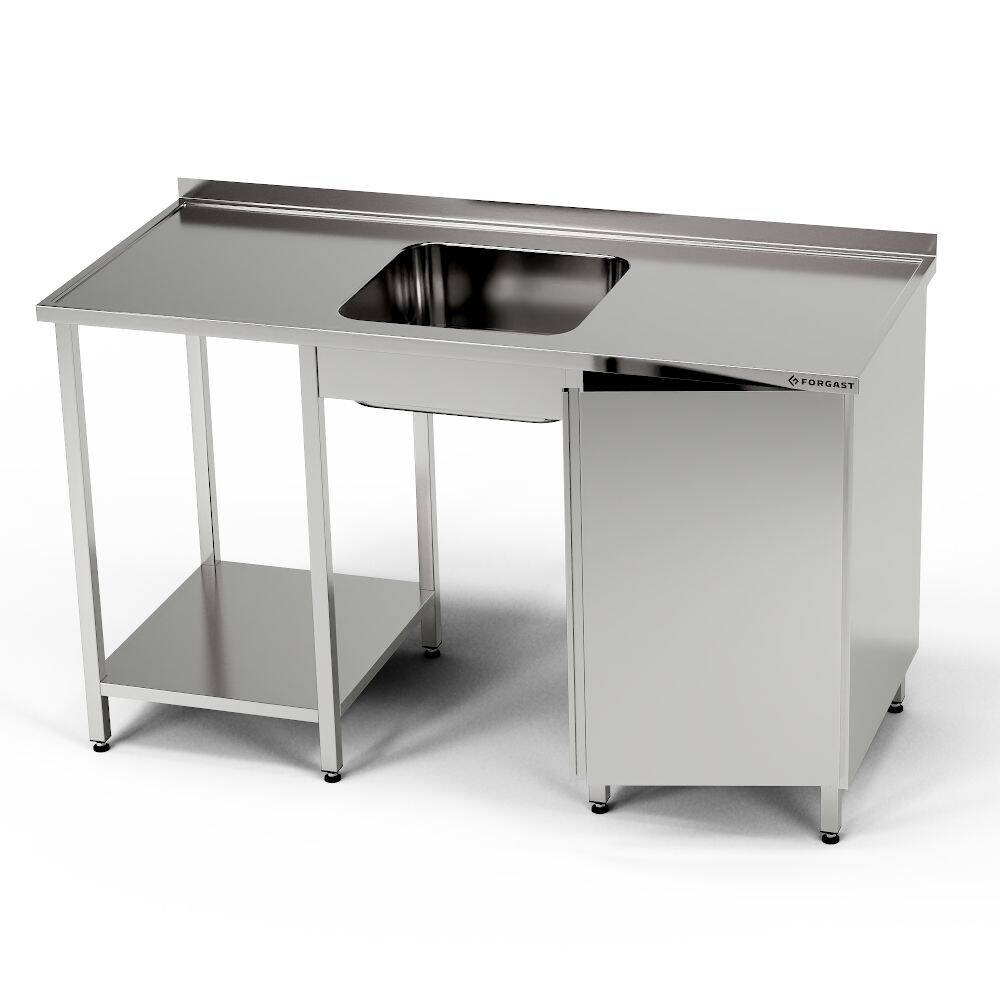 Table en acier inoxydable avec évier 1 bac, placard et étagère 260x60x85 cm | FORGAST