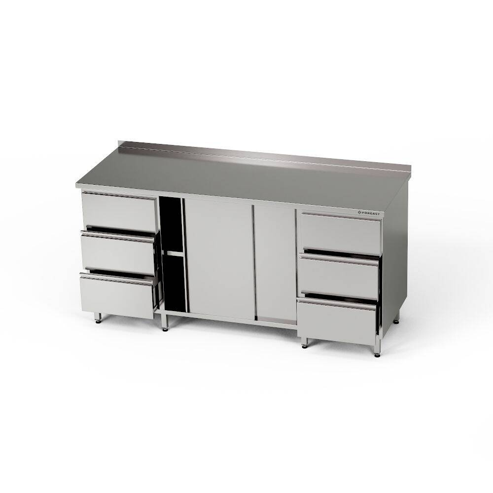 Table de travail inox avec placard et 2 blocs de 3 tiroirs 190x70x85 cm | FORGAST
