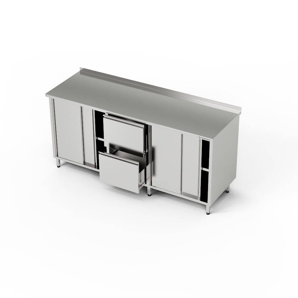 Table de travail en acier inoxydable avec 2 placards et un bloc de 2 tiroirs 270x60x85 cm | FORGAST