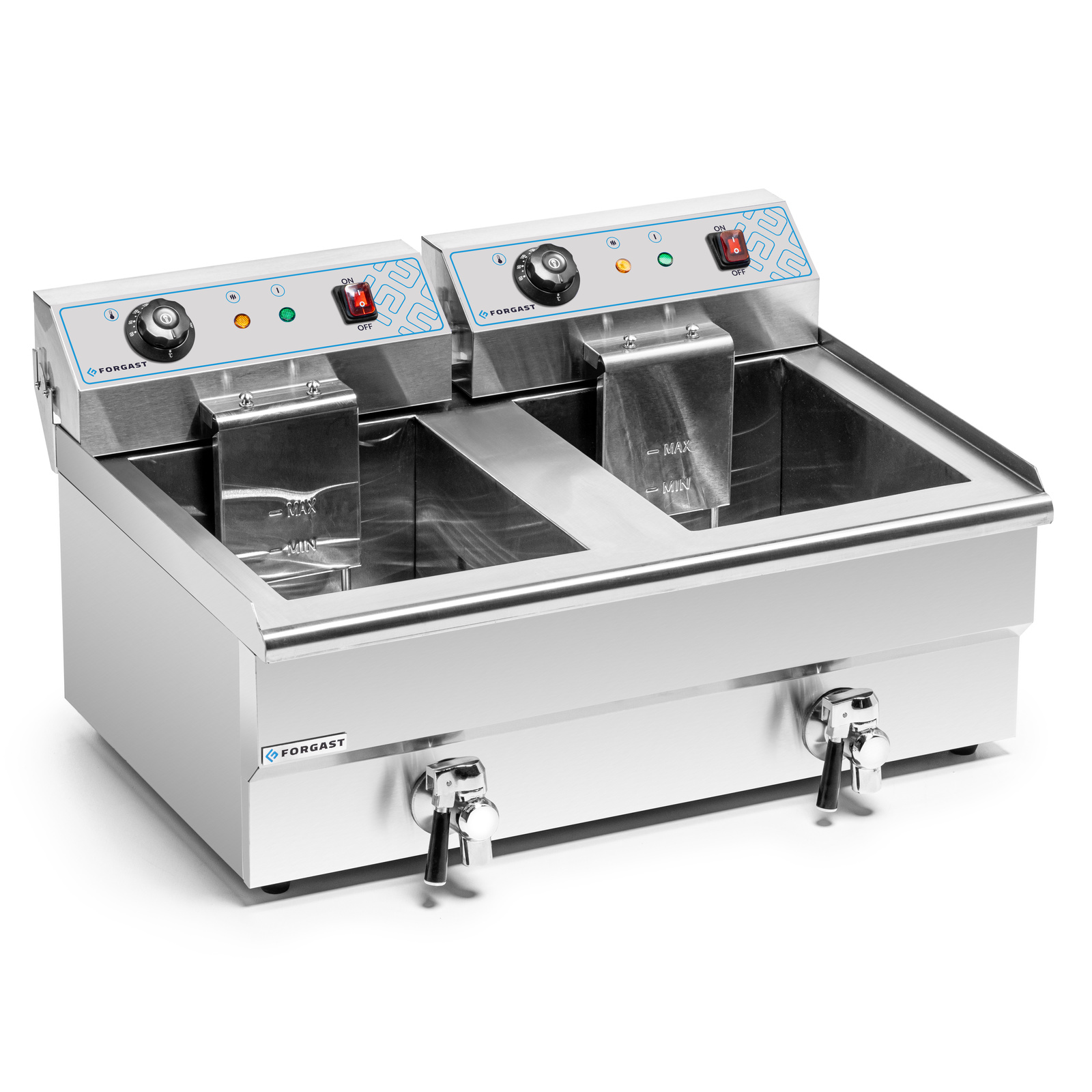 Friteuse électrique 2 cuves 2x16L avec robinet de vidange, zone froide, 10 kW, 230 V | FORGAST FG09016