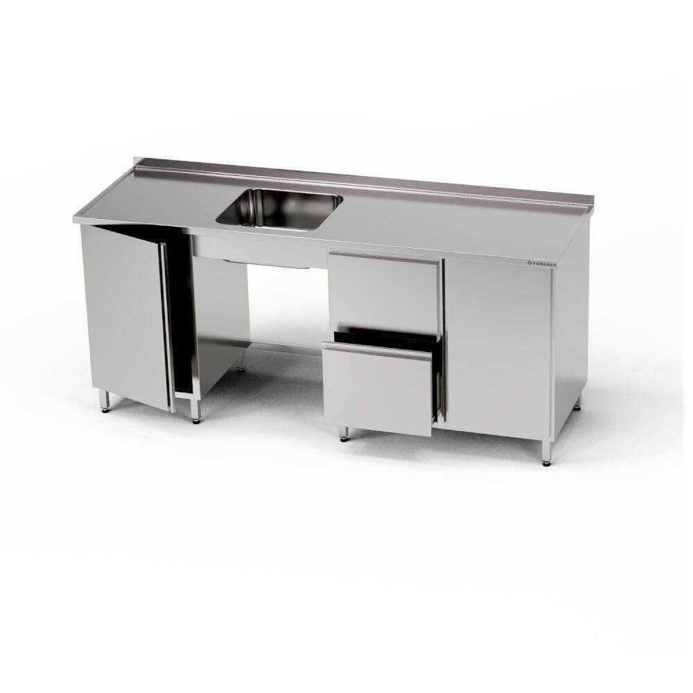 Table inox avec évier 1 bac, placard et bloc de tiroirs et placard 280x60x85 cm | FORGAST