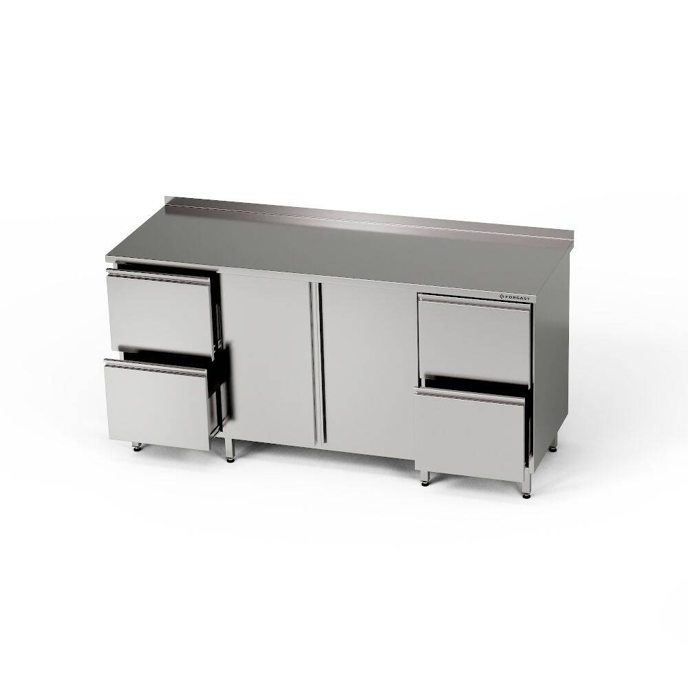 Table de travail en acier inoxydable avec placard et 2 blocs de 2 tiroirs 190x70x85 cm | FORGAST