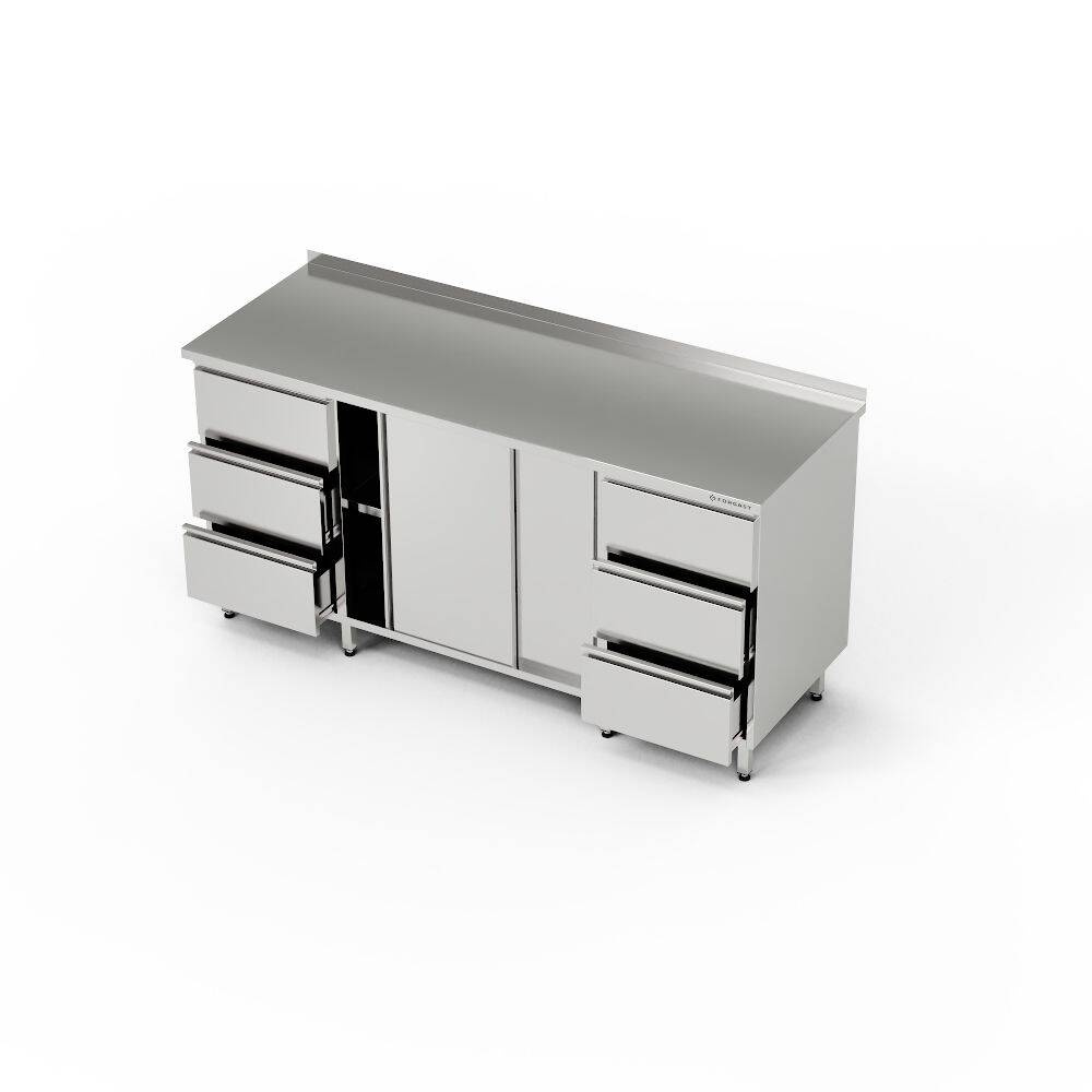 Table de travail inox avec placard et 2 blocs de 3 tiroirs 190x70x85 cm | FORGAST
