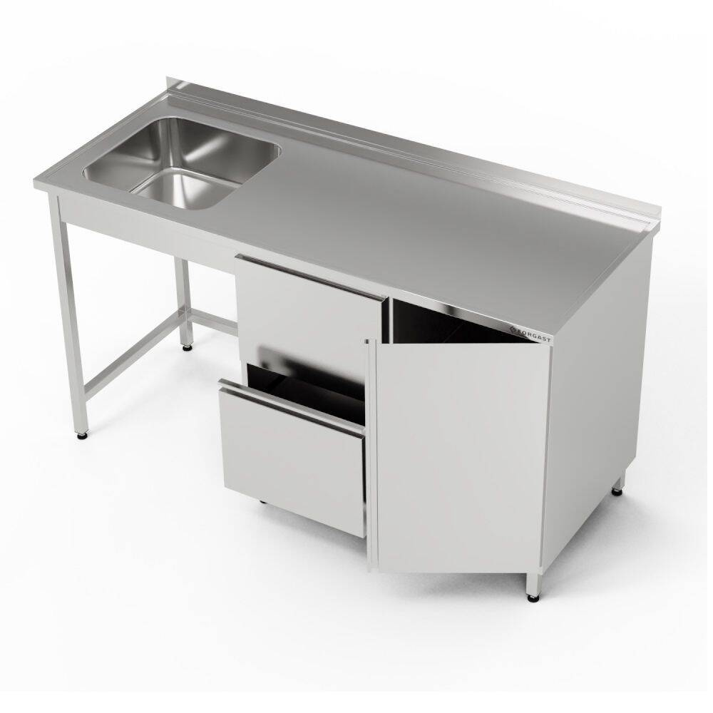 Table en acier inoxydable avec évier 1 bac, armoire et bloc de tiroirs 220x60x85 cm | FORGAST