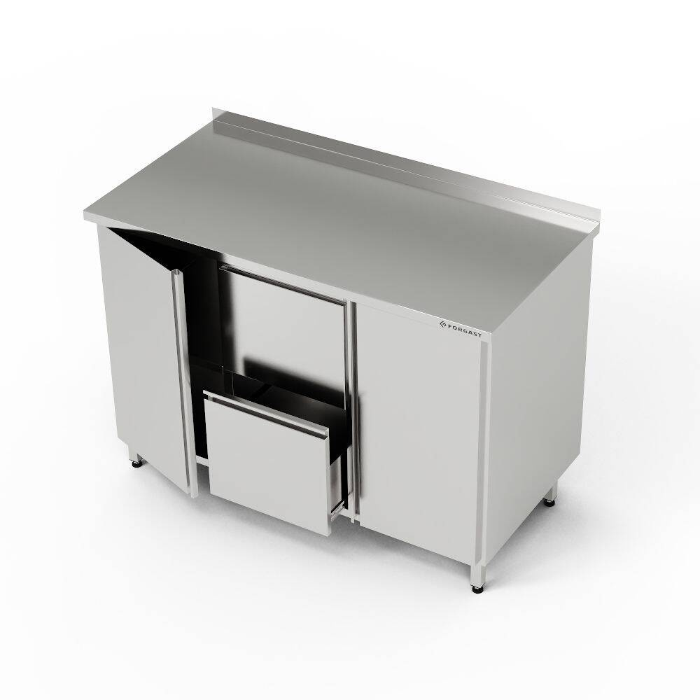 Table de travail en acier inoxydable avec 2 armoires et un bloc de 2 tiroirs 150x70x85 cm | FORGAST