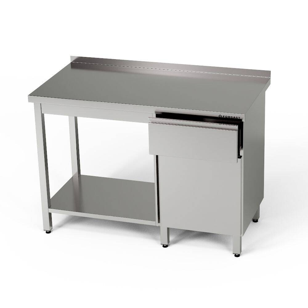 Table de travail en acier inoxydable avec placard, tiroir et étagère 220x60x85 cm | FORGAST