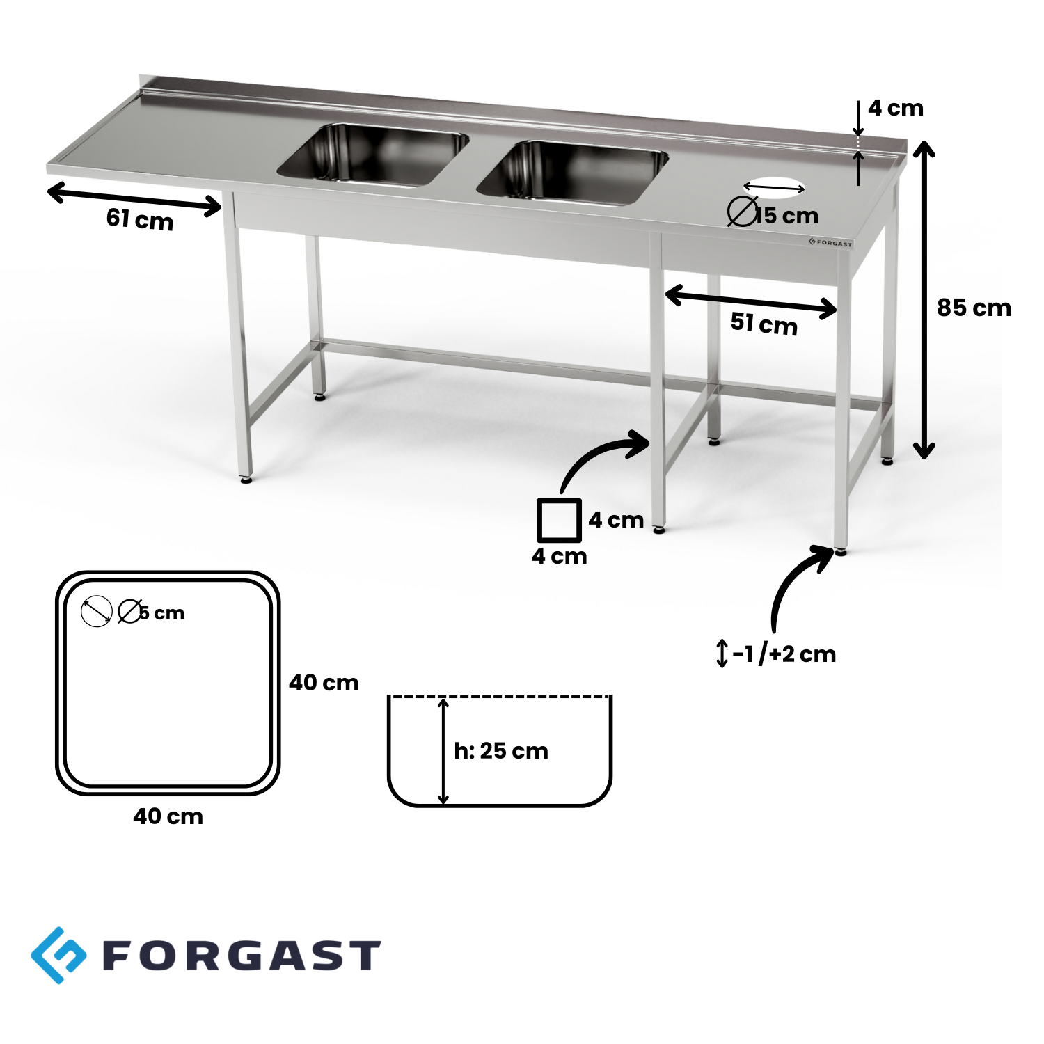 Table en acier inoxydable avec évier à 2 cuves, emplacement pour lave-vaisselle et ouverture pour déchets 280x60x85 cm | FORGAST