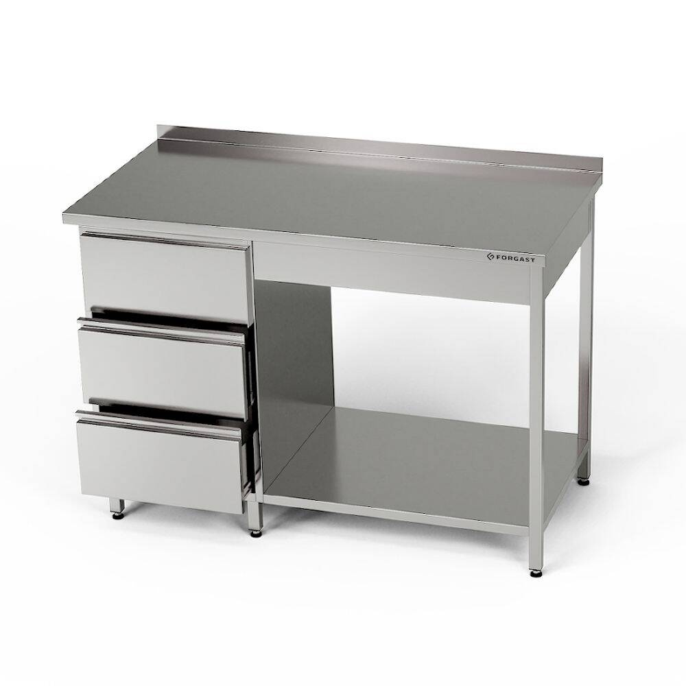 Table de travail en acier inoxydable avec bloc de tiroirs et étagère 120x70x85 cm | FORGAST