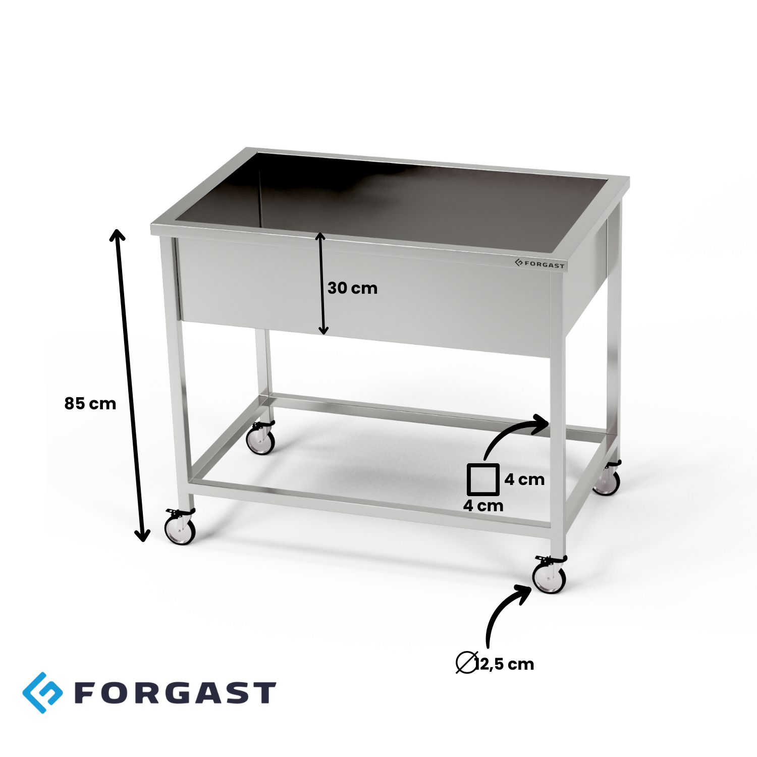Bac inox mobile (prof. 30 cm) 80x70x85 cm | FORGAST