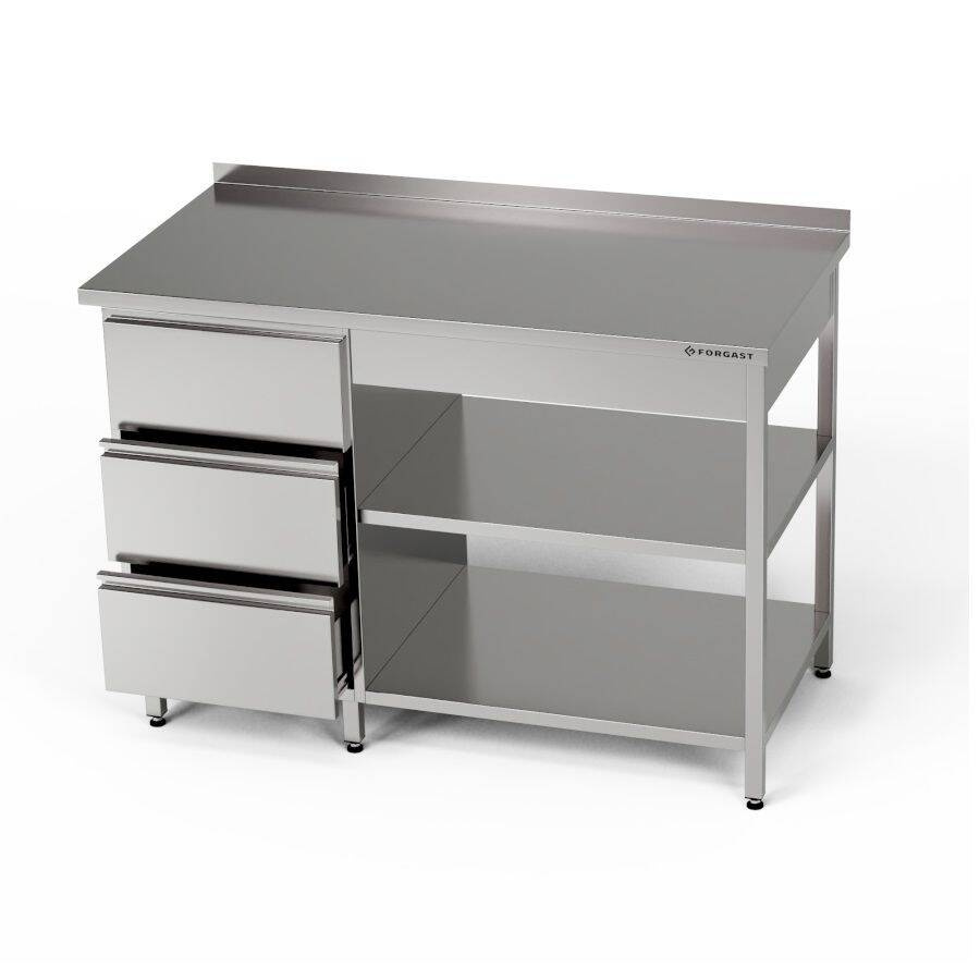 Table de travail en acier inoxydable avec bloc de tiroirs et deux étagères 180x70x85 cm | FORGAST