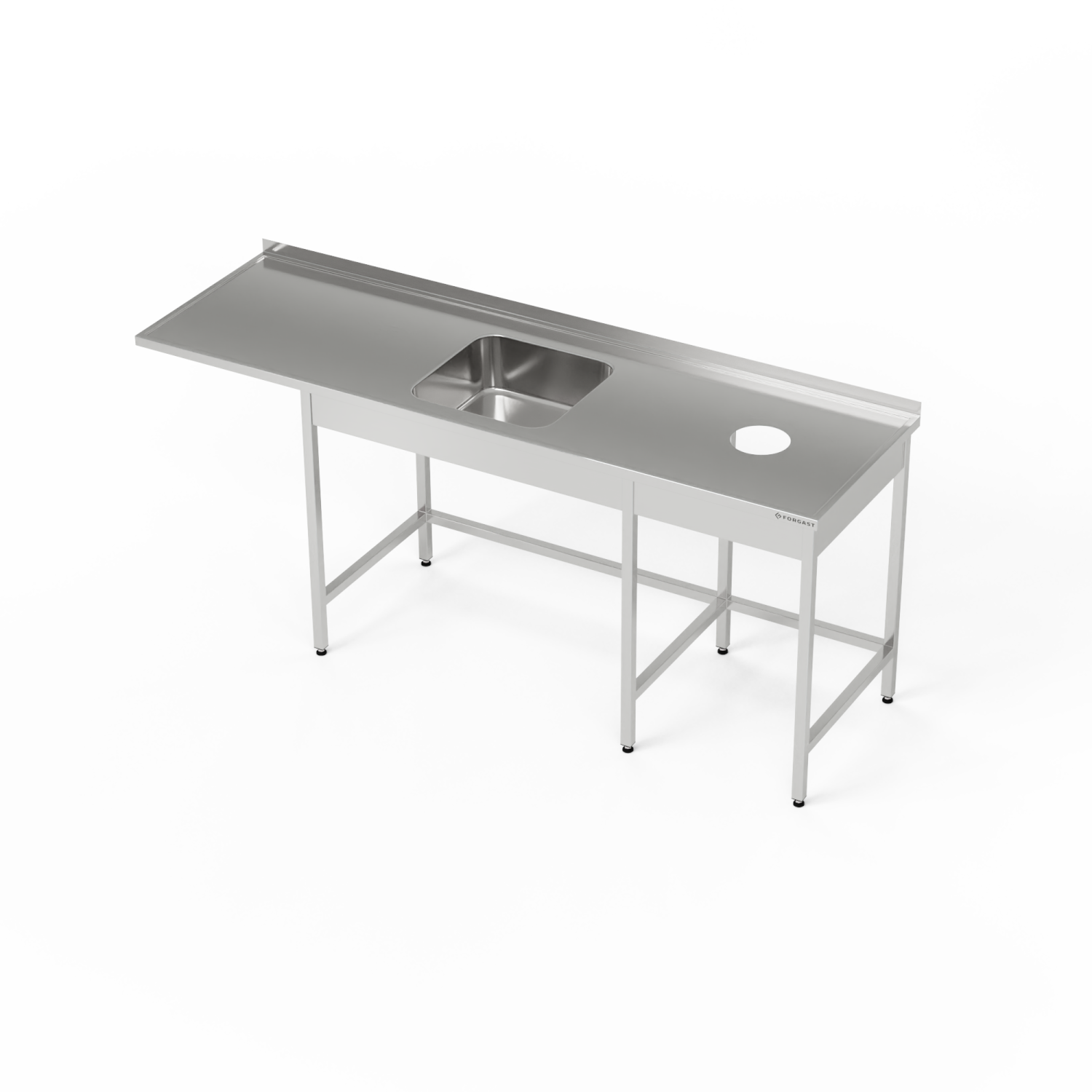 Table inox avec évier 1 bac, emplacement pour lave-vaisselle et trou pour déchets 180x60x85 cm | FORGAST