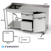 Table inox avec évier à 1 cuve, placard, bloc de tiroirs et étagère 200x70x85 cm | FORGAST