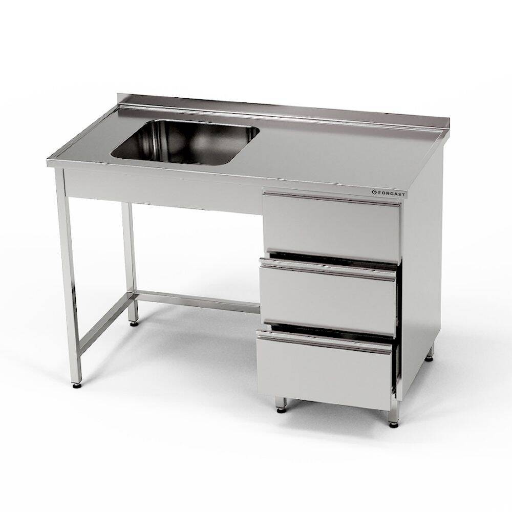 Table en acier inoxydable avec évier 1 bac et bloc de 3 tiroirs 110x70x85 cm | FORGAST
