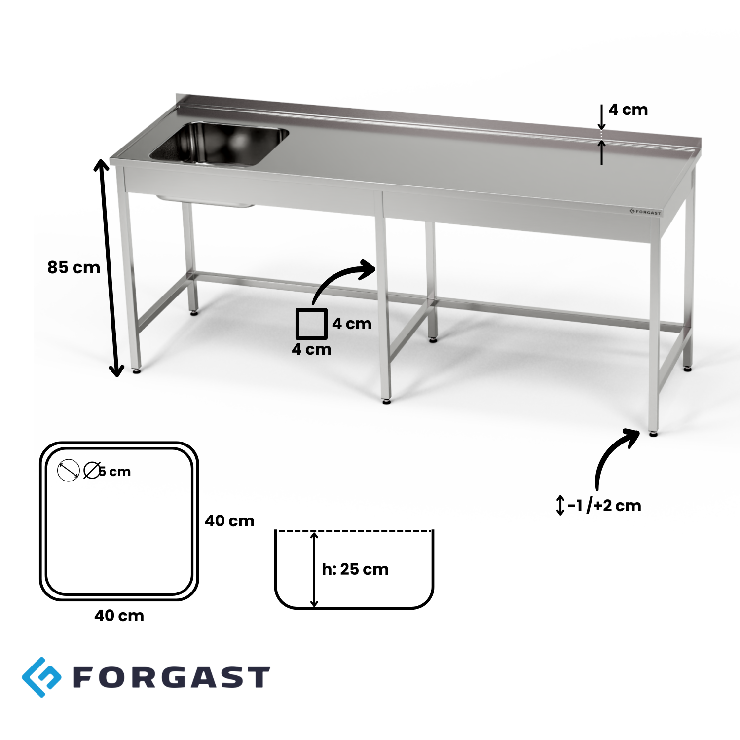 Table inox avec évier 1 bac 180x60x85 cm | FORGAST