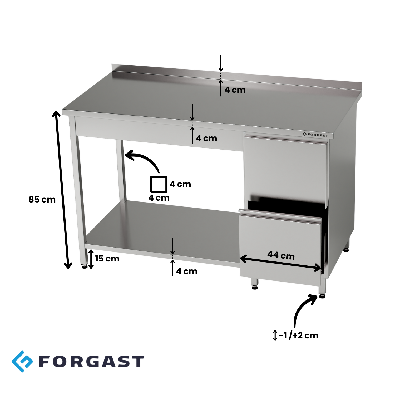 Table de travail en acier inoxydable avec bloc de tiroirs et étagère inférieure 230x70x85 cm | FORGAST