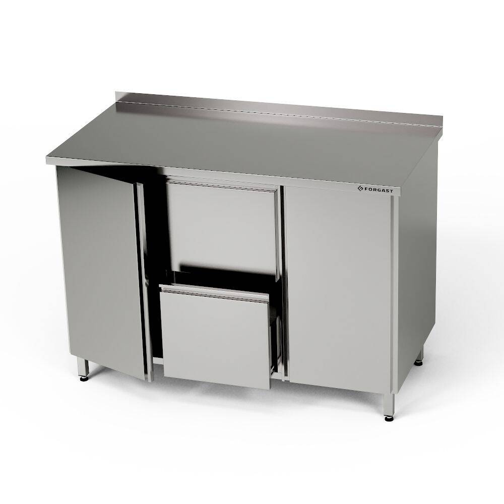 Table de travail en acier inoxydable avec 2 placards et bloc de 2 tiroirs 140x70x85 cm | FORGAST