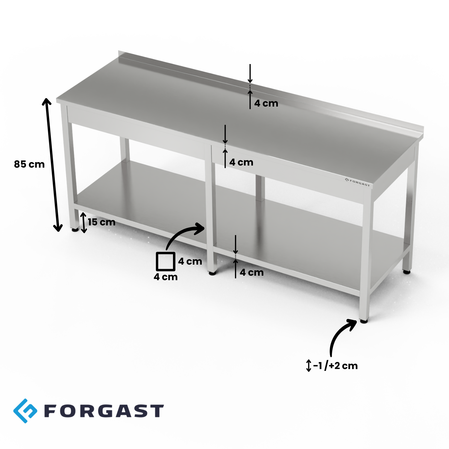 Table de travail en acier inoxydable avec étagère 280x70x85 cm | FORGAST