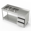 Table inox avec évier 2 bacs, bloc de 3 tiroirs et étagère 160x60x85 cm | FORGAST