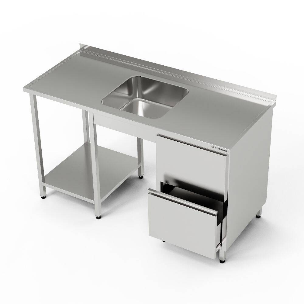 Table inox avec évier 1 bac et bloc de 2 tiroirs 240x60x85 cm | FORGAST