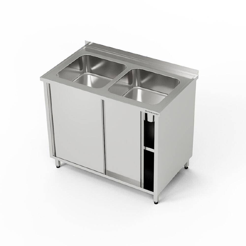Table en acier inoxydable avec évier à 2 cuves et placard 160x60x85 cm | FORGAST