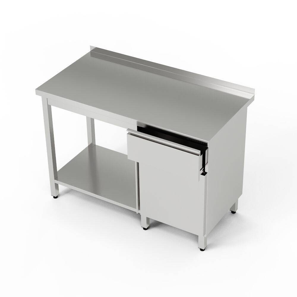 Table de travail en acier inoxydable avec placard, tiroir et étagère 140x70x85 cm | FORGAST