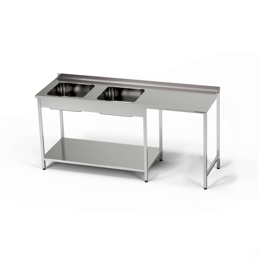 Table inox avec évier à 2 cuves et emplacement pour lave-vaisselle 220x60x85 cm | FORGAST