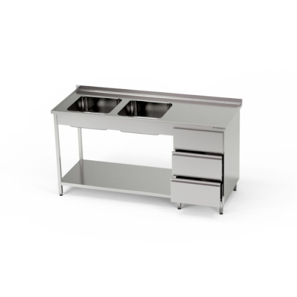Table en acier inoxydable avec évier à 2 cuves et bloc de 3 tiroirs et étagère 140x70x85 cm | FORGAST