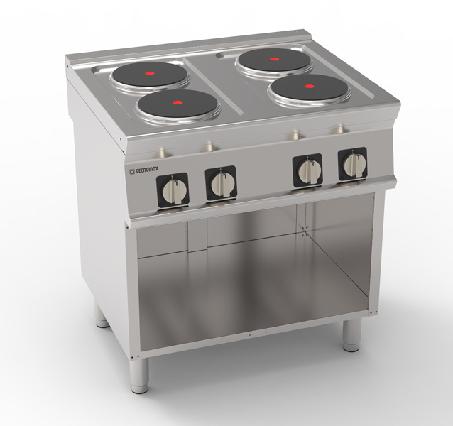 Cuisinière gastronomique électrique 4 plaques Ø 22 cm avec soubassement ouvert | TECNOINOX 716010