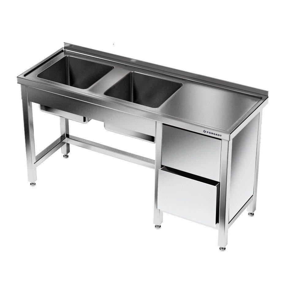 Table en acier inoxydable avec évier à 2 bacs 150x70x85 cm | FORGAST